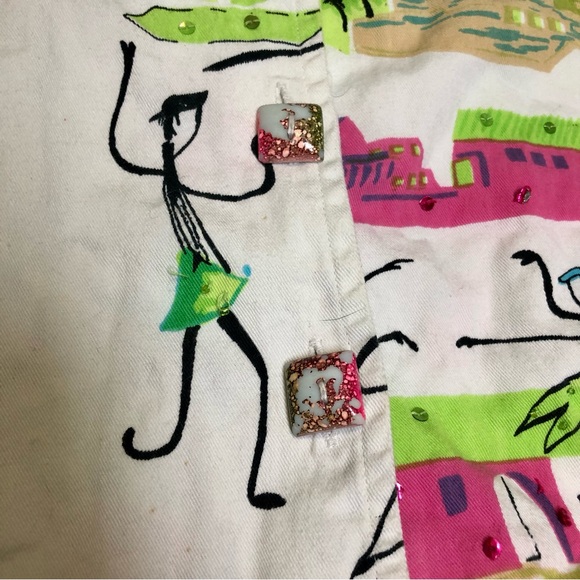 Vintage 90s Keren Hart Colorful AOP Funky Lady Button Down Utility Denim Jacket - Picture 3 of 13